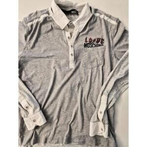 Love Moschino Men’s Long Sleeve Polo Shirt L Grey White Collar Rock Logo M817901